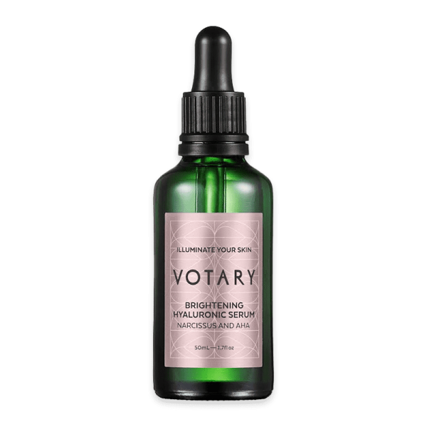 Votary Brightening Hyaluronic Serum mit Narzisse und AHAs, 50ml, in einer grünen Flasche mit Pipette.