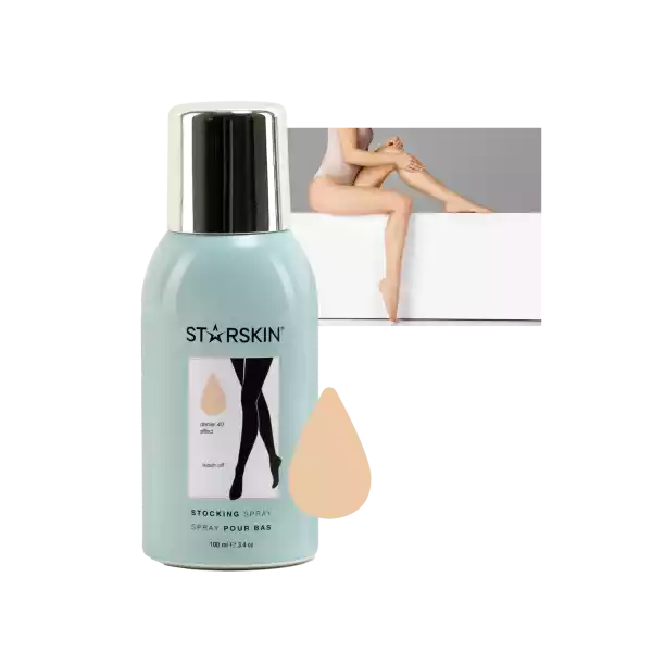 Starskin Strumpfspray Flasche vor einem Bild von Beinen, die mit dem Spray behandelt wurden.