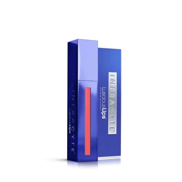 Eine blaue Verpackung von Infracyte Luscious Lips mit einem Lippenpflegeprodukt.