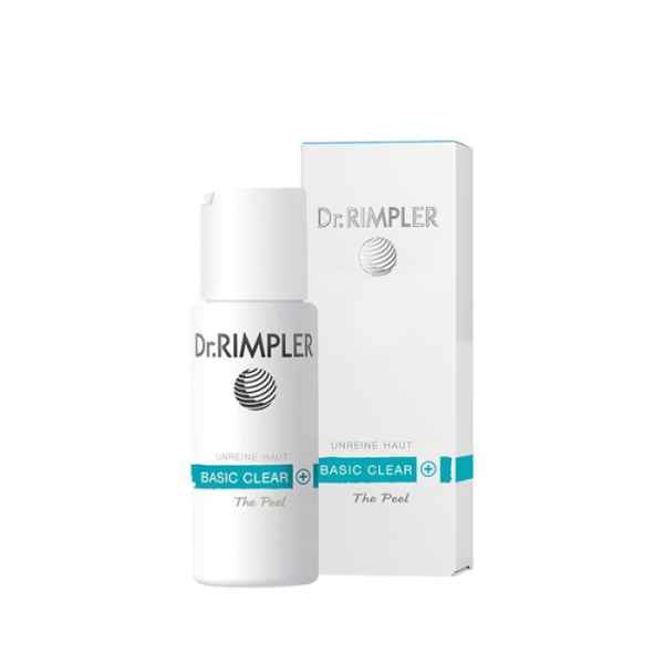 Dr. RIMPLER Basic Clear The Peel Produktflasche und Verpackung für unreine Haut.