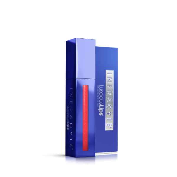 Infracyte Luscious Lips Lippenpflege in blauer Verpackung mit rotem Lipgloss.