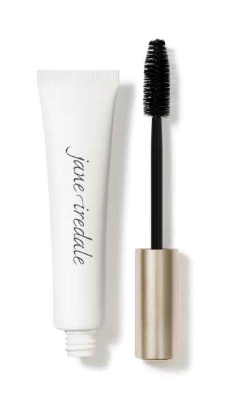 Jane Iredale Mascara in weißer Tube mit schwarzer Bürste und goldenem Deckel.