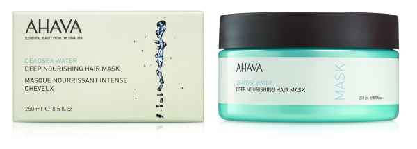 AHAVA Dead Sea Water Deep Nourishing Hair Mask, 250 ml, Verpackung und Tiegel, auf weißem Hintergrund.