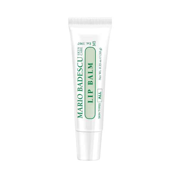 Weiße Tube mit grünem Aufdruck "Mario Badescu Lip Balm".