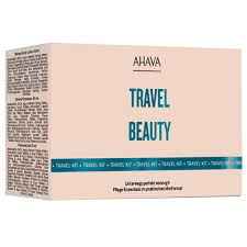 AHAVA Travel Beauty Set in beiger Verpackung mit blauer Schrift und Produktinformationen auf der Seite.