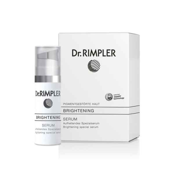 Dr. RIMPLER Brightening Serum, aufhellendes Spezialserum für pigmentgestörte Haut, Produktbild mit Verpackung.