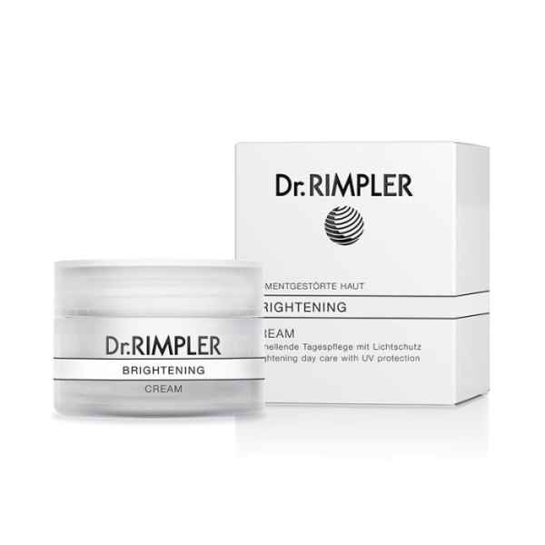 Dr. RIMPLER Brightening Cream in weißem Tiegel und Verpackung, Tagespflege mit UV-Schutz für pigmentgestörte Haut.