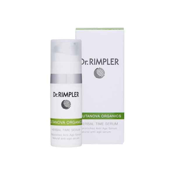 Dr. Rimpler Cutanova Organics Herbal Time Serum vor weißem Hintergrund.