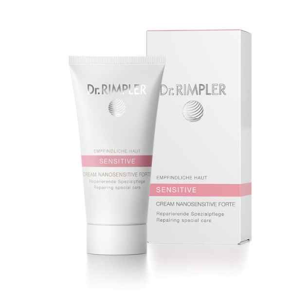 Dr. Rimpler Cream Nanosensitive Forte für empfindliche Haut, Tube und Verpackung, reparierende Spezialpflege.