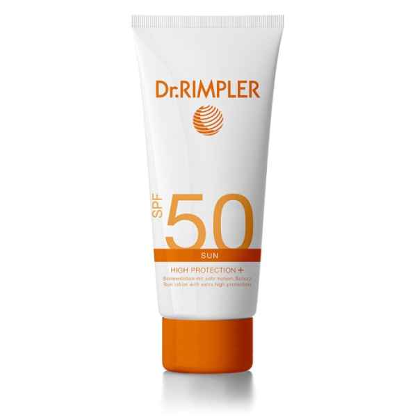 Dr. Rimpler Sonnencreme SPF 50, hohe Schutzwirkung, weiße Tube mit orangefarbenem Deckel.