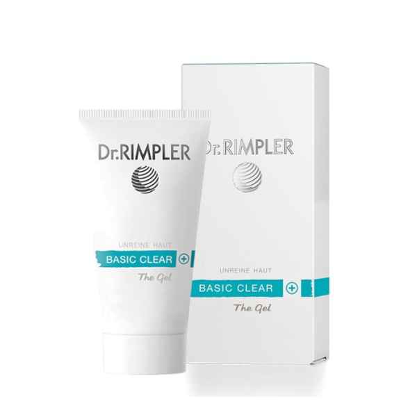 Dr. Rimpler Basic Clear Gel für unreine Haut, Tube und Verpackung, weiß mit blauen Akzenten.