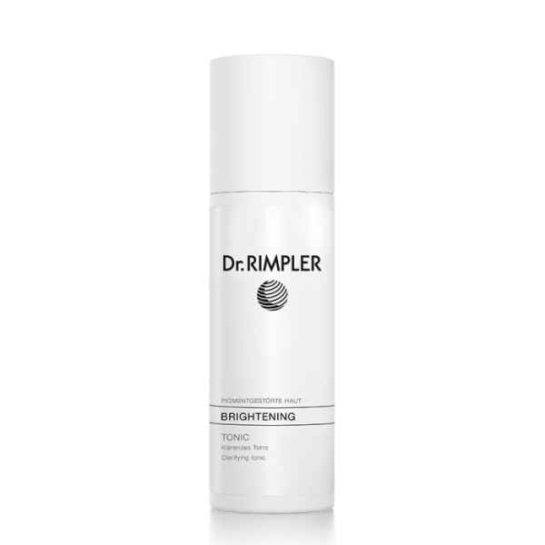 Dr. Rimpler Brightening Tonic für pigmentgestörte Haut in weißer Flasche mit schwarzem Text und Logo.