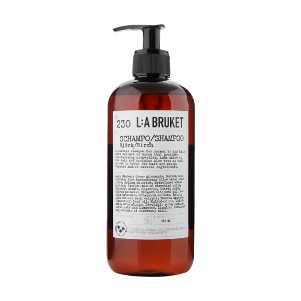 Flasche L:A Bruket No. 230 Shampoo Birke, 450 ml, mit schwarzem Pumpspender und weißem Etikett.