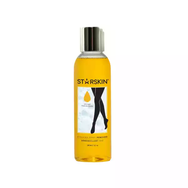 Eine Flasche Starskin Strumpfspray-Entferner mit gelber Flüssigkeit und schwarzem Etikett, 150 ml.