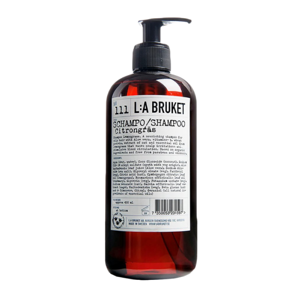 Eine Flasche L:A Bruket No. 111 Shampoo mit Zitronengras, 450 ml, mit Pumpspender.