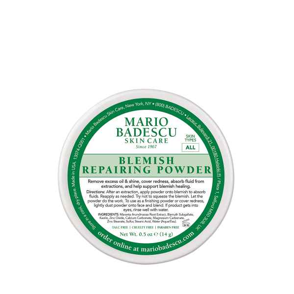 Runde Dose Mario Badescu Blemish Repairing Powder, 14g, mit grünem Etikett und Produktinformationen.