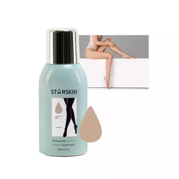 Starskin Strumpfspray, 100 ml, mit Abbildung von Beinen im Hintergrund.