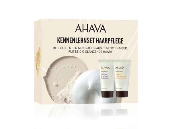 AHAVA Kennenlernset Haarpflege mit Mineral Shampoo und Mineral Conditioner vor einer Verpackung.