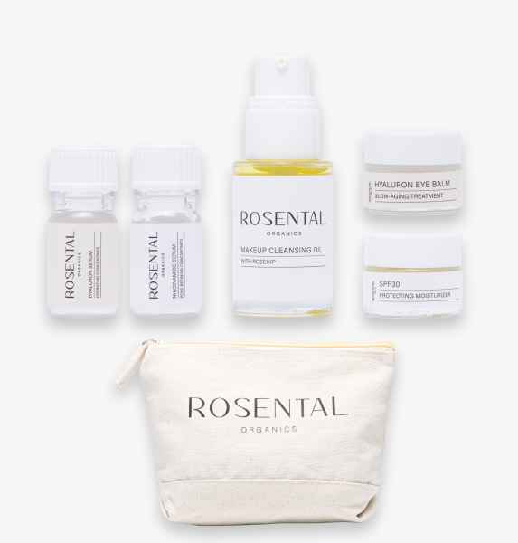 Rosental Organics Probeset mit Reinigungsöl, Augenbalsam, Feuchtigkeitscreme und Kosmetiktasche.