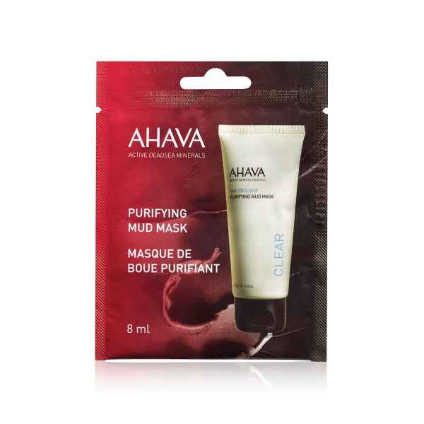 AHAVA Purifying Mud Mask, 8 ml, Verpackung mit rotem Hintergrund und weißer Tube, Text auf Englisch und Französisch.