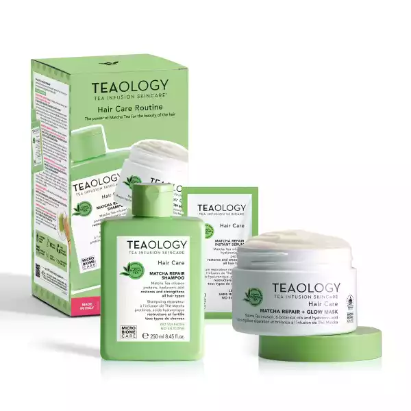 Matcha Repair Kit von Teaology: Shampoo, Maske und Serum für Haarpflege. Grünes Design mit Teeblatt-Logo.