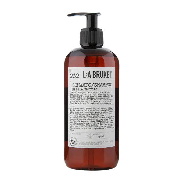 Braune Flasche L:A Bruket No. 232 Shampoo mit Pumpverschluss, 450 ml, Brennnessel.