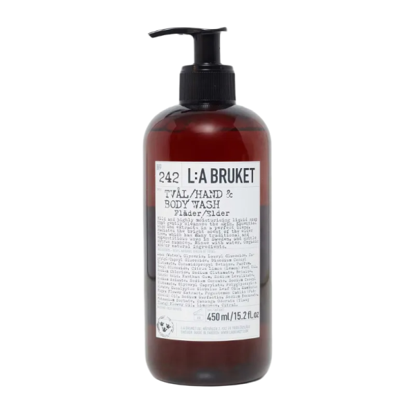 L:A Bruket No. 242 Hand- & Body-Wash Flieder, 450 ml, braune Flasche mit Pumpspender.