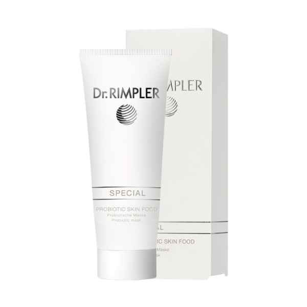 Dr. RIMPLER Probiotic Skin Food Maske in weißer Tube vor Verpackung.