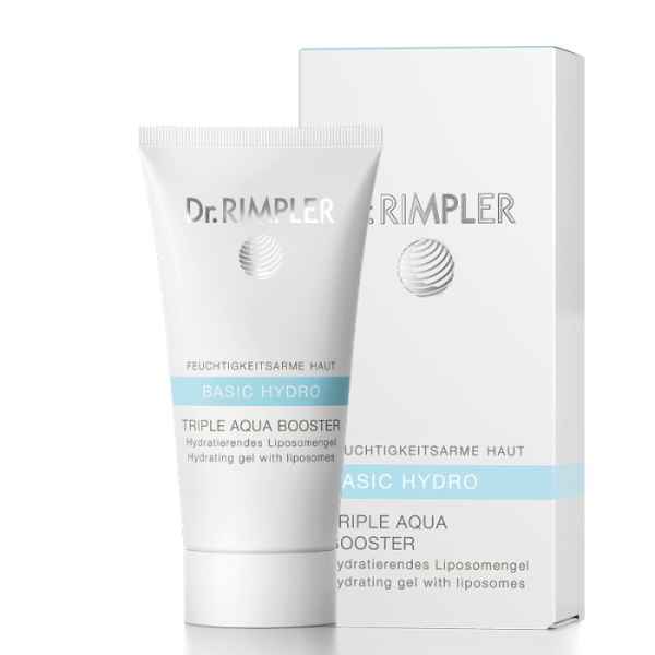 Dr. Rimpler Basic Hydro Triple Aqua Booster Feuchtigkeitsgel in weißer Tube vor passender Verpackung.