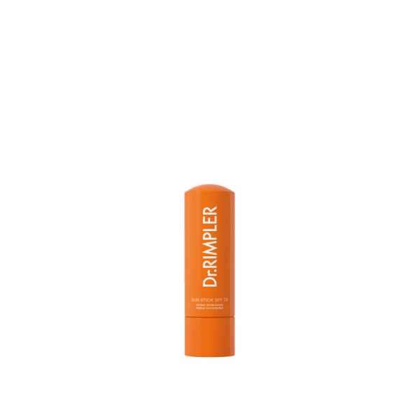 Ein orangefarbener Dr. Rimpler Sun Stick SPF 25 auf weißem Hintergrund.