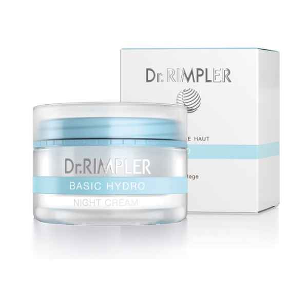 Dr. Rimpler Basic Hydro Nachtcreme in einem Glasbehälter vor der Produktverpackung.