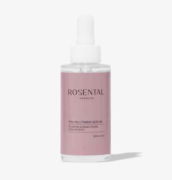 Flasche Rosental Organics Polyglutamin Serum, 30 ml, rosa Etikett, Pipette, auf weißem Hintergrund.