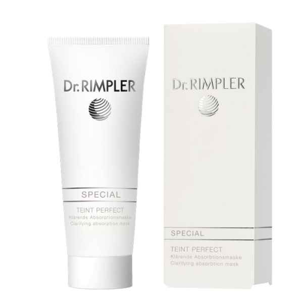 Dr. Rimpler Special Teint Perfect Klärende Absorptionsmaske, Tube und Verpackung, weißes Design mit schwarzem Text.