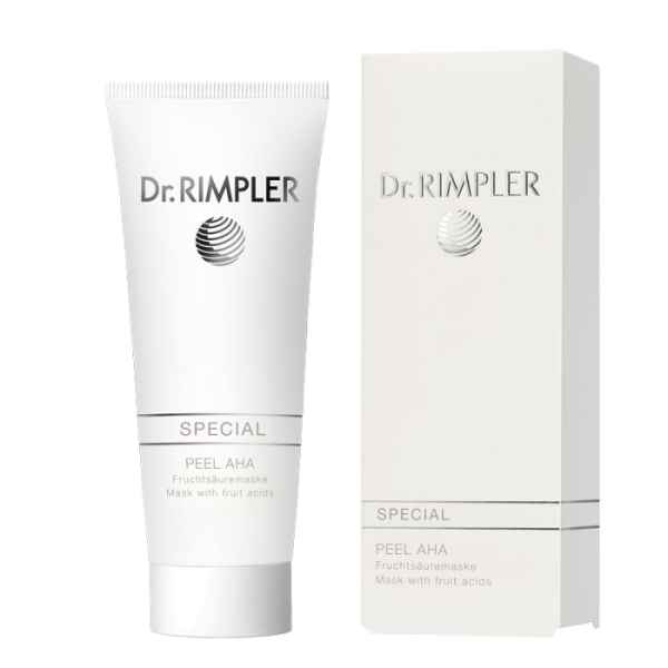 Dr. Rimpler Special Peel AHA Fruchtsäuremaske, Tube und Verpackung, weiße Hintergrund.