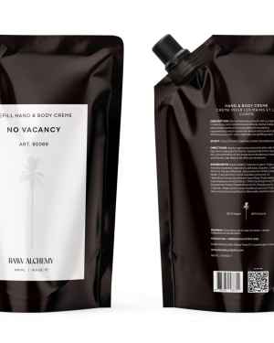 Zwei schwarze Nachfüllpackungen Hand- und Körpercreme 'No Vacancy' von HAW Alchemy, Vorder- und Rückseite.