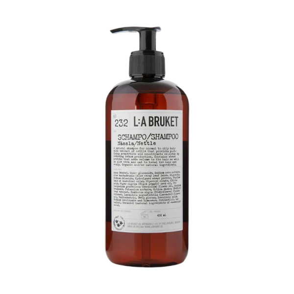 Braune Flasche L:A Bruket No. 232 Shampoo Brennnessel 450ml mit Pumpspender.