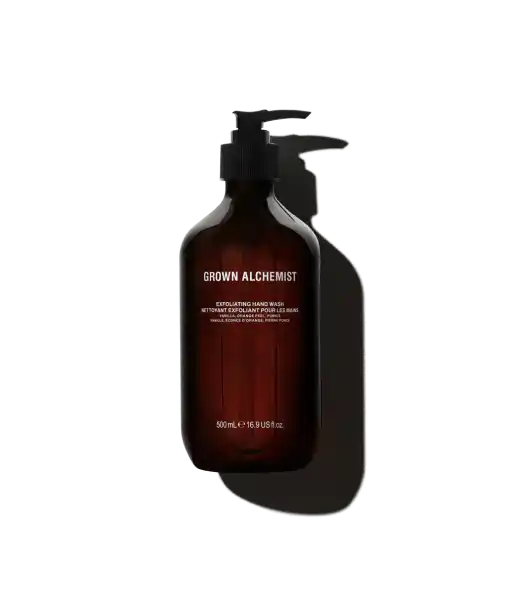 Grown Alchemist Exfoliating Hand Wash 500ml in brauner Flasche mit Pumpspender.