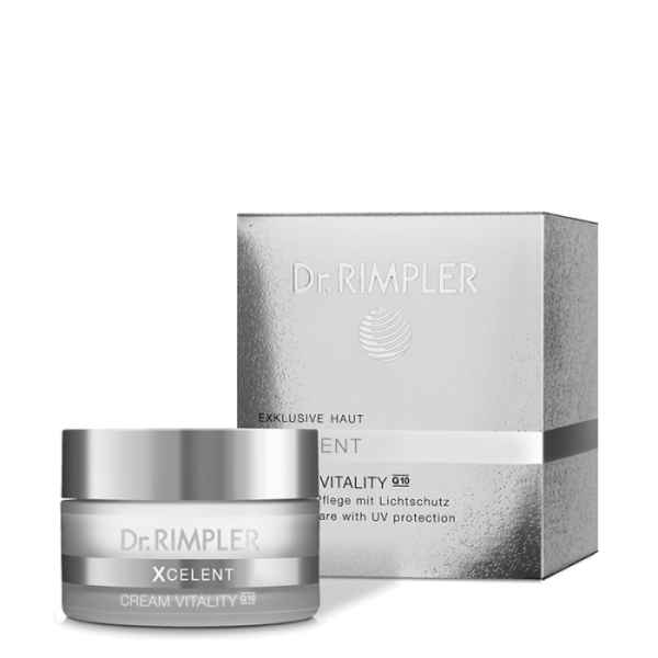 Dr. RIMPLER XCELENT Cream Vitality Q10, Gesichtscreme mit UV-Schutz, 50 ml, vor silberner Verpackung.