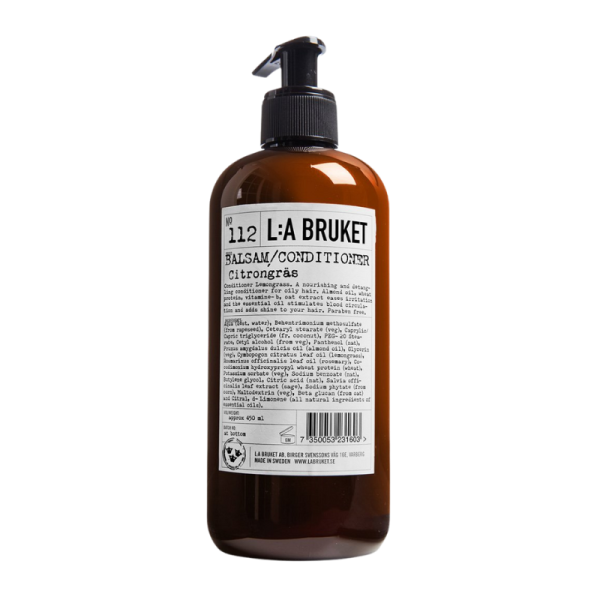 Braune Flasche L:A Bruket No. 112 Conditioner Zitronengras 450ml mit schwarzem Pumpspender und Etikett.