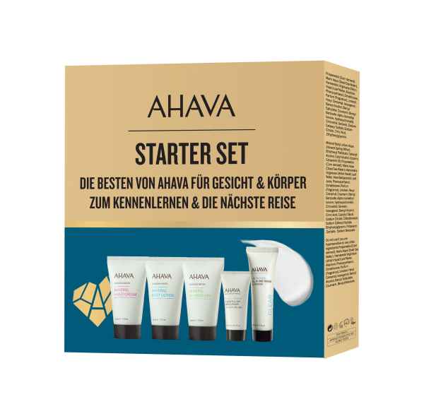 AHAVA Starter Set für Gesicht und Körper, fünf Produkte in einer Box, beige und blaues Design, Text auf Deutsch.