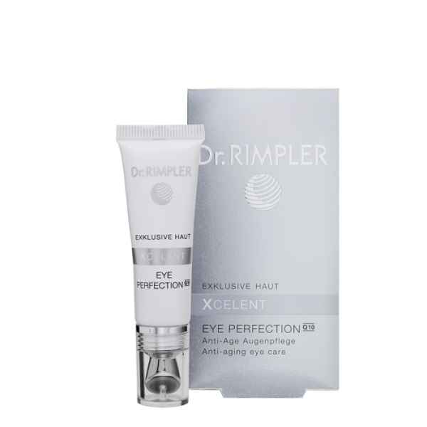 Dr. Rimpler Xcelent Eye Perfection Q10 Anti-Age Augenpflege, Tube und Verpackung, weiß und silber.