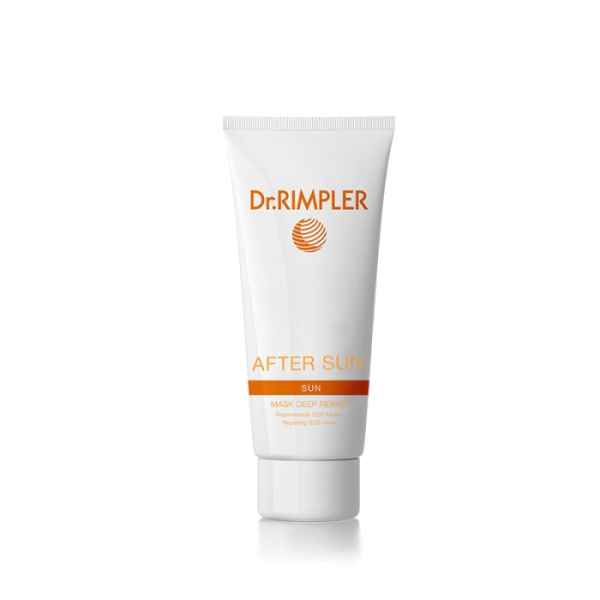 Dr. RIMPLER After Sun Maske in weißer Tube mit orangefarbenem Text und Logo auf weißem Hintergrund.