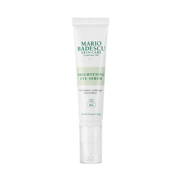 Tube mit Mario Badescu Brightening Eye Serum, weißer Hintergrund.