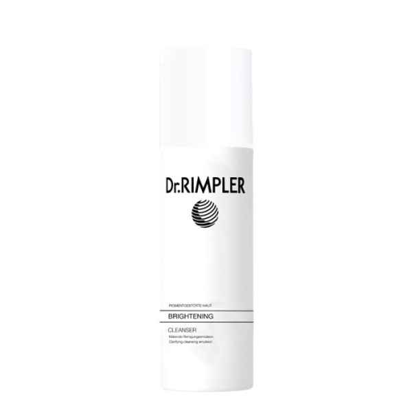 Dr. RIMPLER Brightening Cleanser, weißer Zylinderbehälter mit schwarzem Text und Logo, auf weißem Hintergrund.