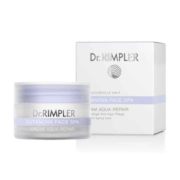 Dr. Rimpler Cutanova Face Spa Cream Aqua Repair, Anti-Aging-Creme in weißer Verpackung mit lila Akzenten.