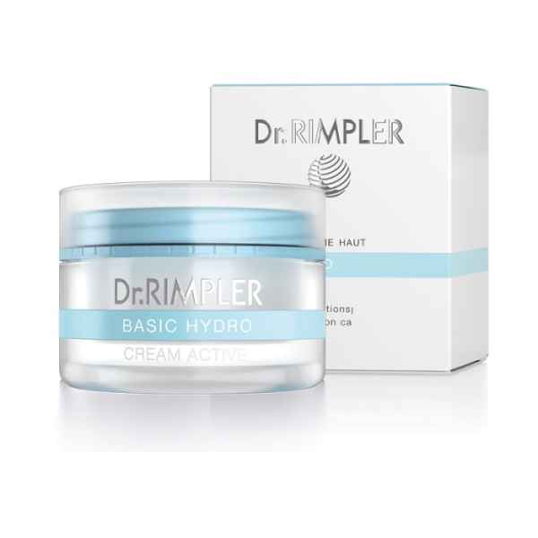 Dr. Rimpler Basic Hydro Cream Active, Feuchtigkeitscreme in einem transparenten Tiegel mit blauer Kappe und passender Verpackung.