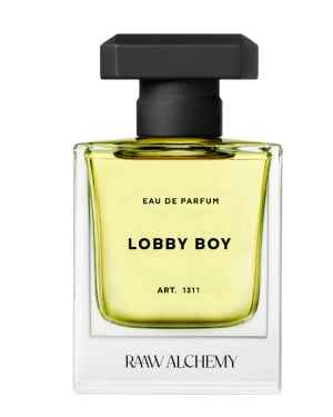 Flasche des Eau de Parfum 'Lobby Boy' von Raaw Alchemy, Art. 1311, mit schwarzem Verschluss und gelblicher Flüssigkeit.