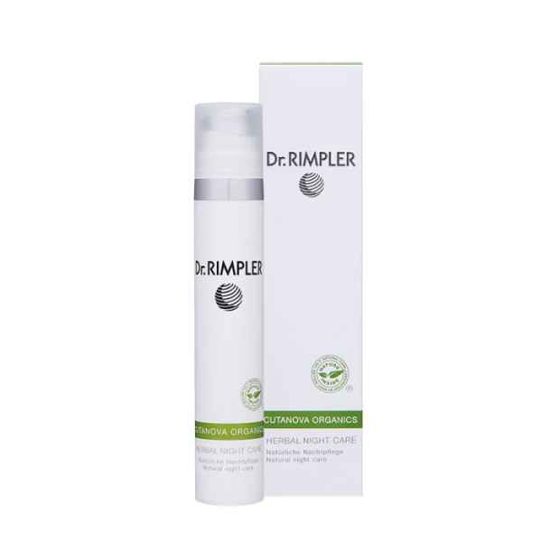 Dr. Rimpler Cutanova Organics Herbal Night Care Flasche und Verpackung, natürliche Nachtpflege.