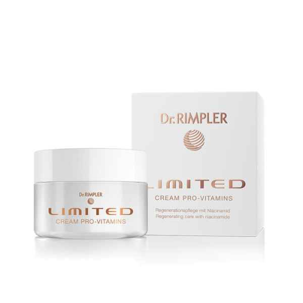 Dr. Rimpler Limited Cream Pro-Vitamins, Regenerationspflege mit Niacinamid, Produktbild mit Verpackung.