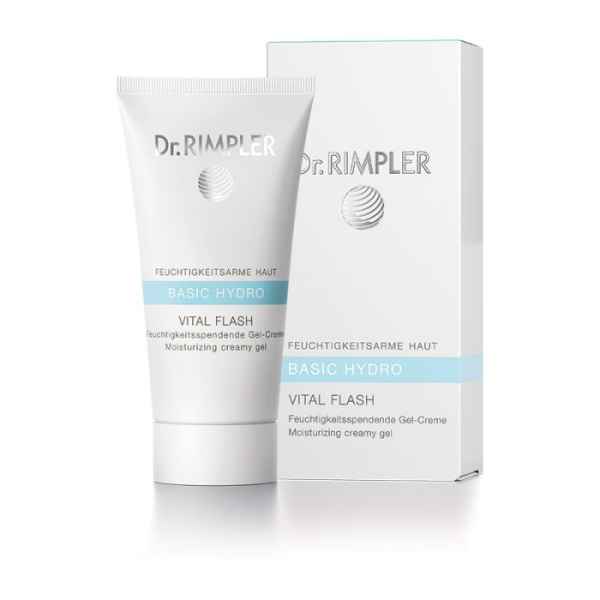 Dr. Rimpler Basic Hydro Vital Flash Feuchtigkeitsspendende Gel-Creme, Tube und Verpackung, weiß mit blauer Schrift.